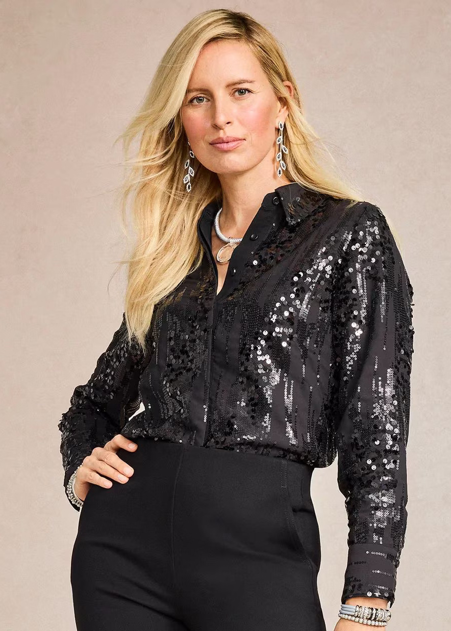 Esqualo Black Sequin Long Sleeve Button Down