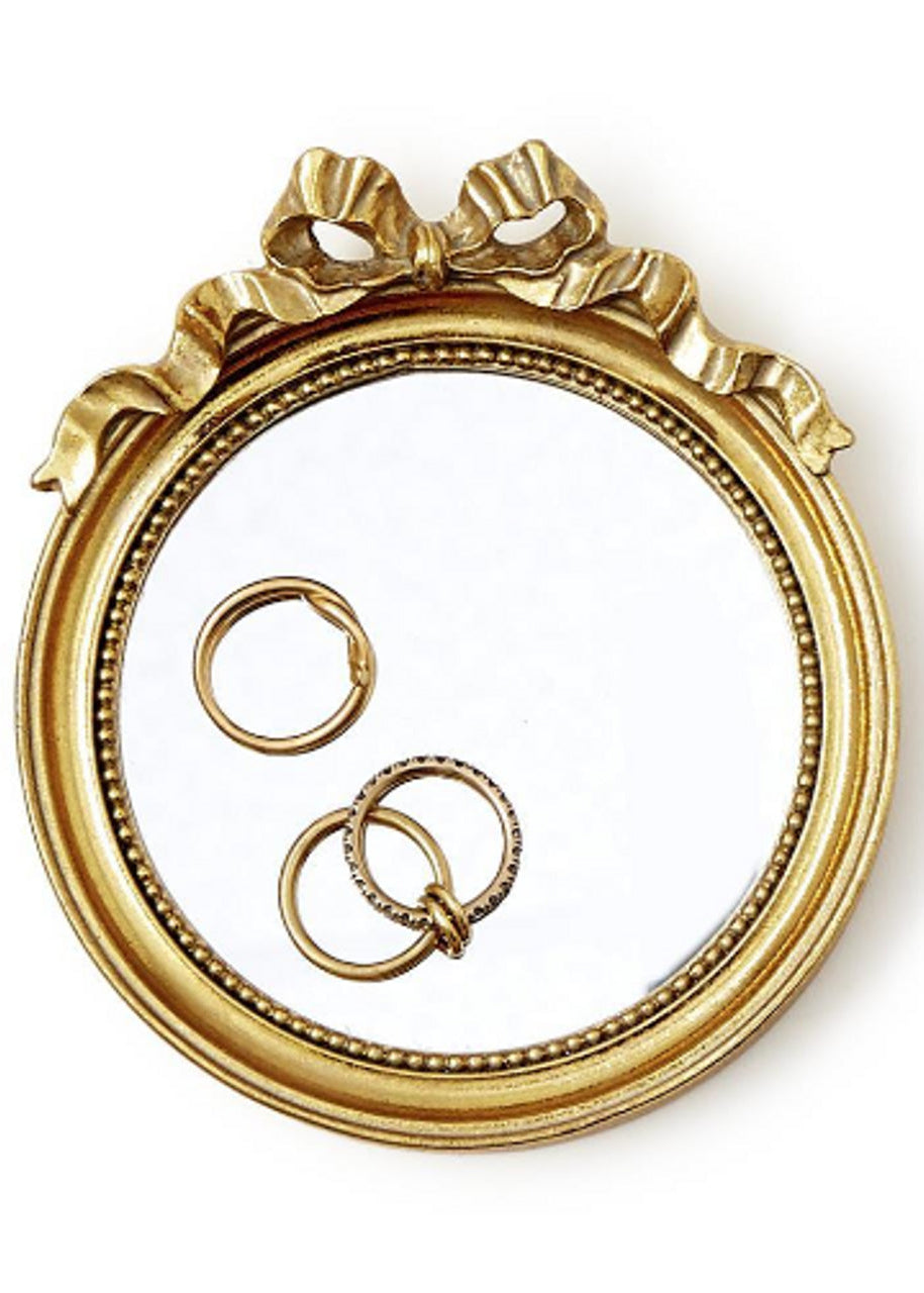 Two's Company Round Mirror Trinket Tray with Bow Accent