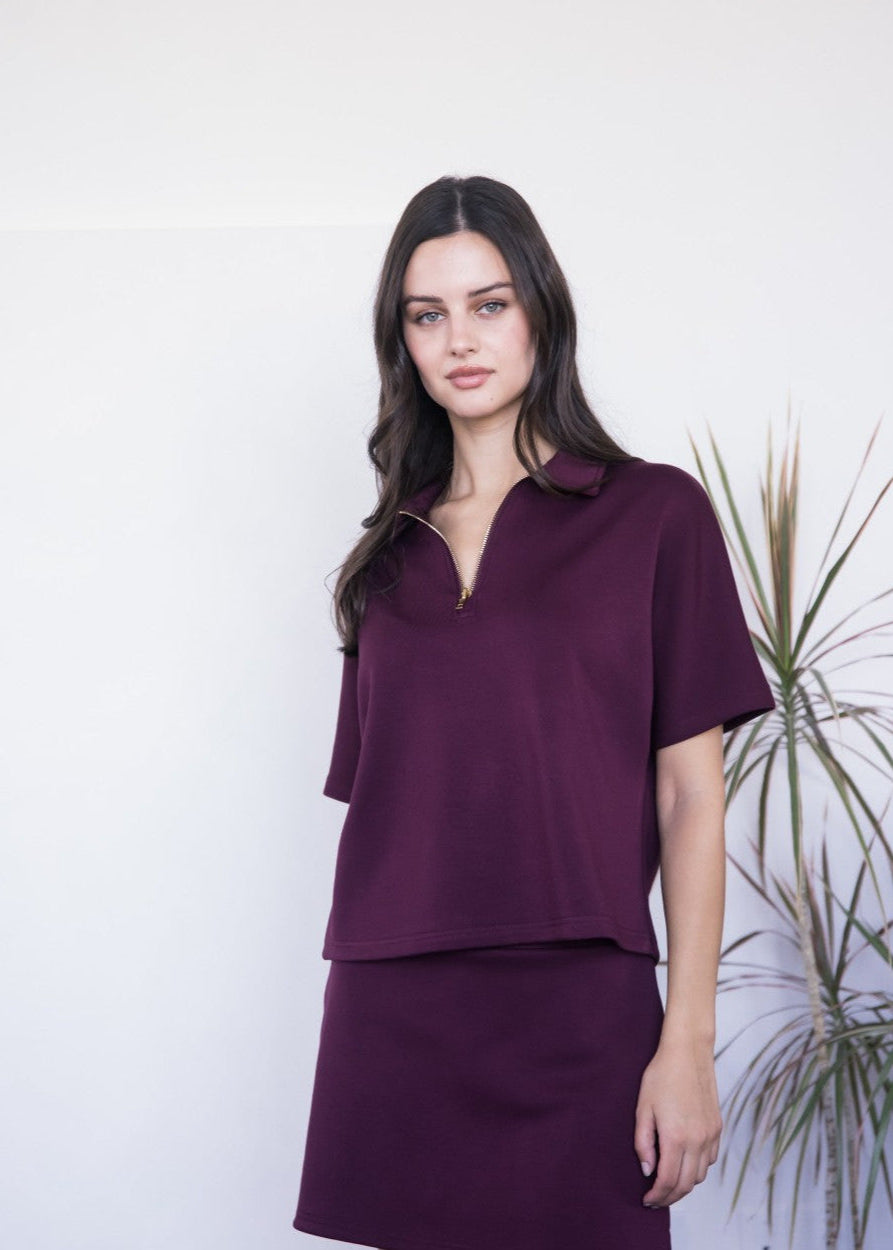 Before You Collection P. CILL Modal Short Sleeve Quarter Zip Top