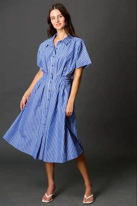 Before You Waist Tie Blue Striped Dress
