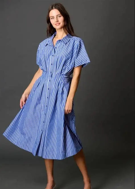 Before You Waist Tie Blue Striped Dress