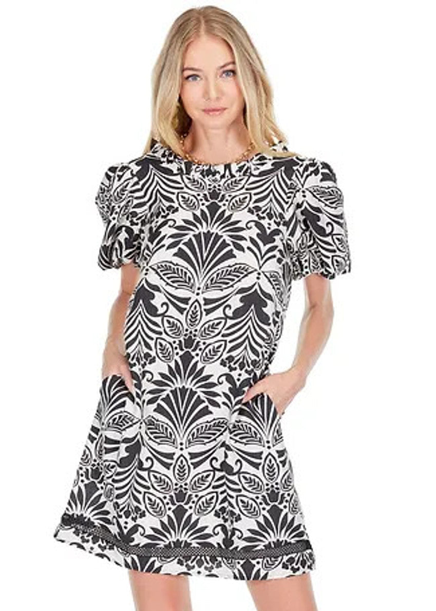 Joy Joy Puff Sleeve Trim Dress Black/White