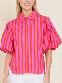 Dolce Cabo Poplin Puff Shoulder Top, Pink/red