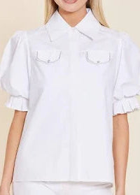 Dolce Cabo Poplin Rhinestone Detail Pocket Top, White