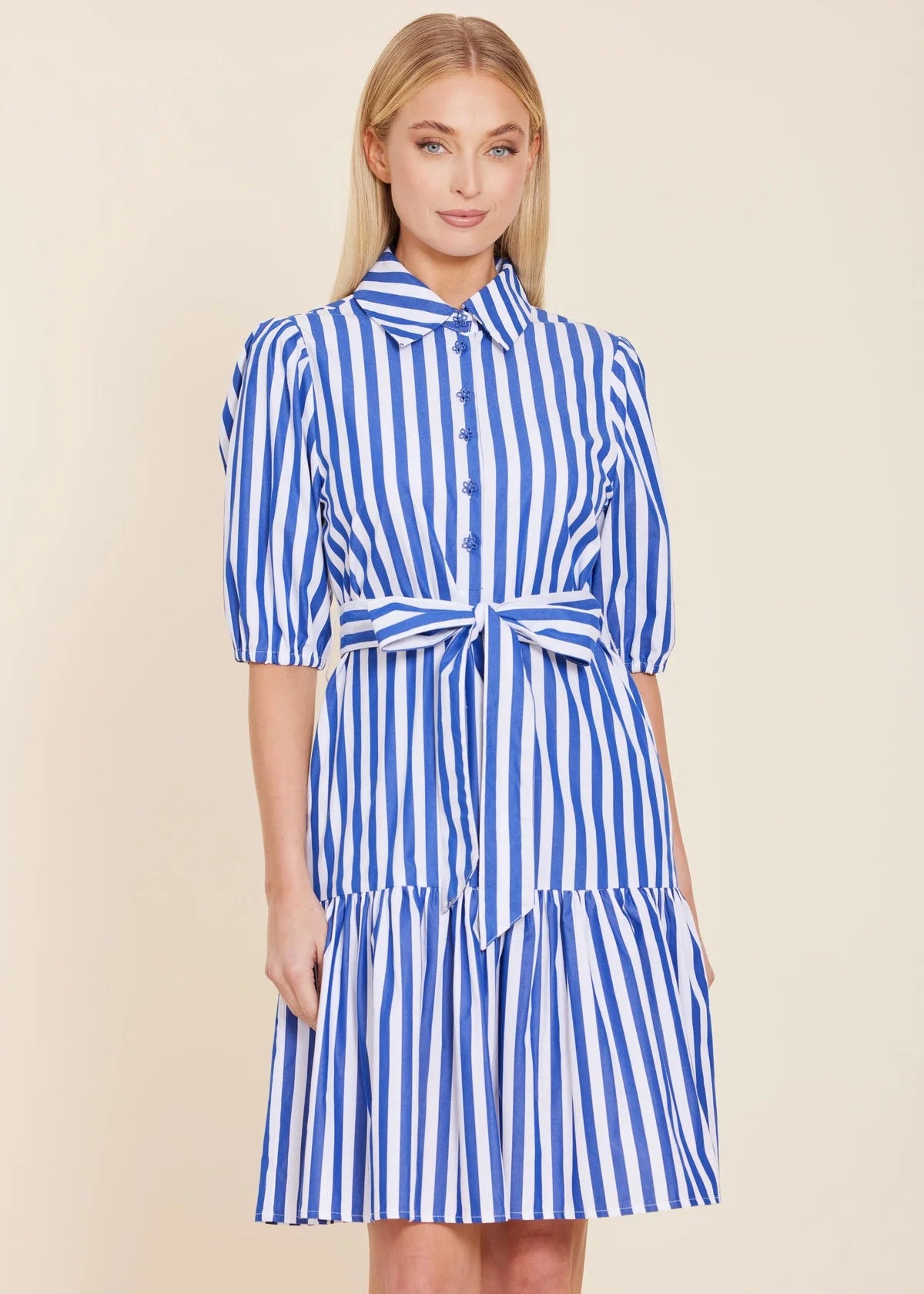 Dolce Cabo Belted Stripe Dress - Cobalt/White