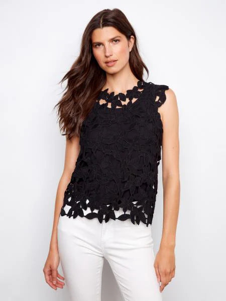 Charlie B Cap Sleeve Floral Crochet - Black