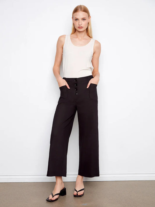Charlie B Stretch Linen Wide Leg Button Front Pants - Black