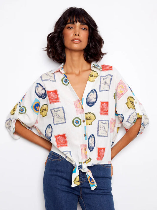 Charlie B Printed Front Tie Button Blouse