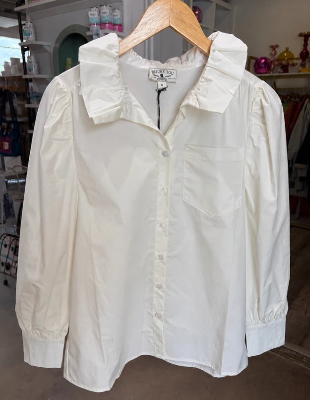 Before You Ruffled Collar Gathered Button Up Shirt