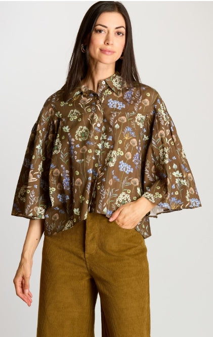 Print Poplin Flowy Sleeve Blouse