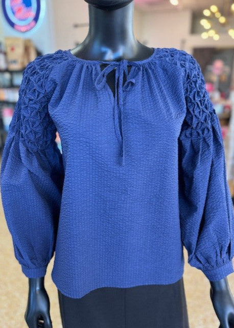 Before You Seersucker Smocked Long Sleeve V Neckline Detailed Top Navy