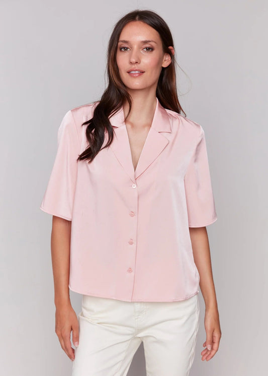 Charlie B Short Sleeves Tailored Collar Blouse Guava