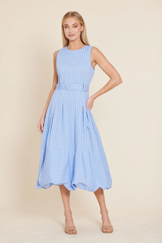 Dolce Cabo Poplin Stripe Belted Long Bubble Dress, Blue-Multi