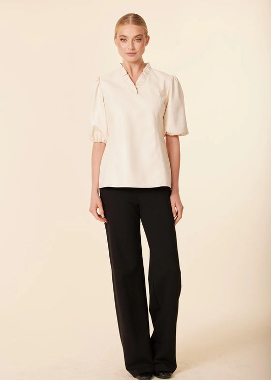 Dolce Cabo Leather Ruffle Neck Top Bone