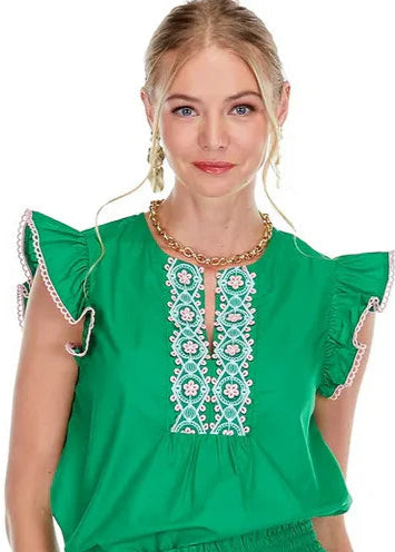 Joy Joy Trim Flutter Sleeve Shell, Pink/Green