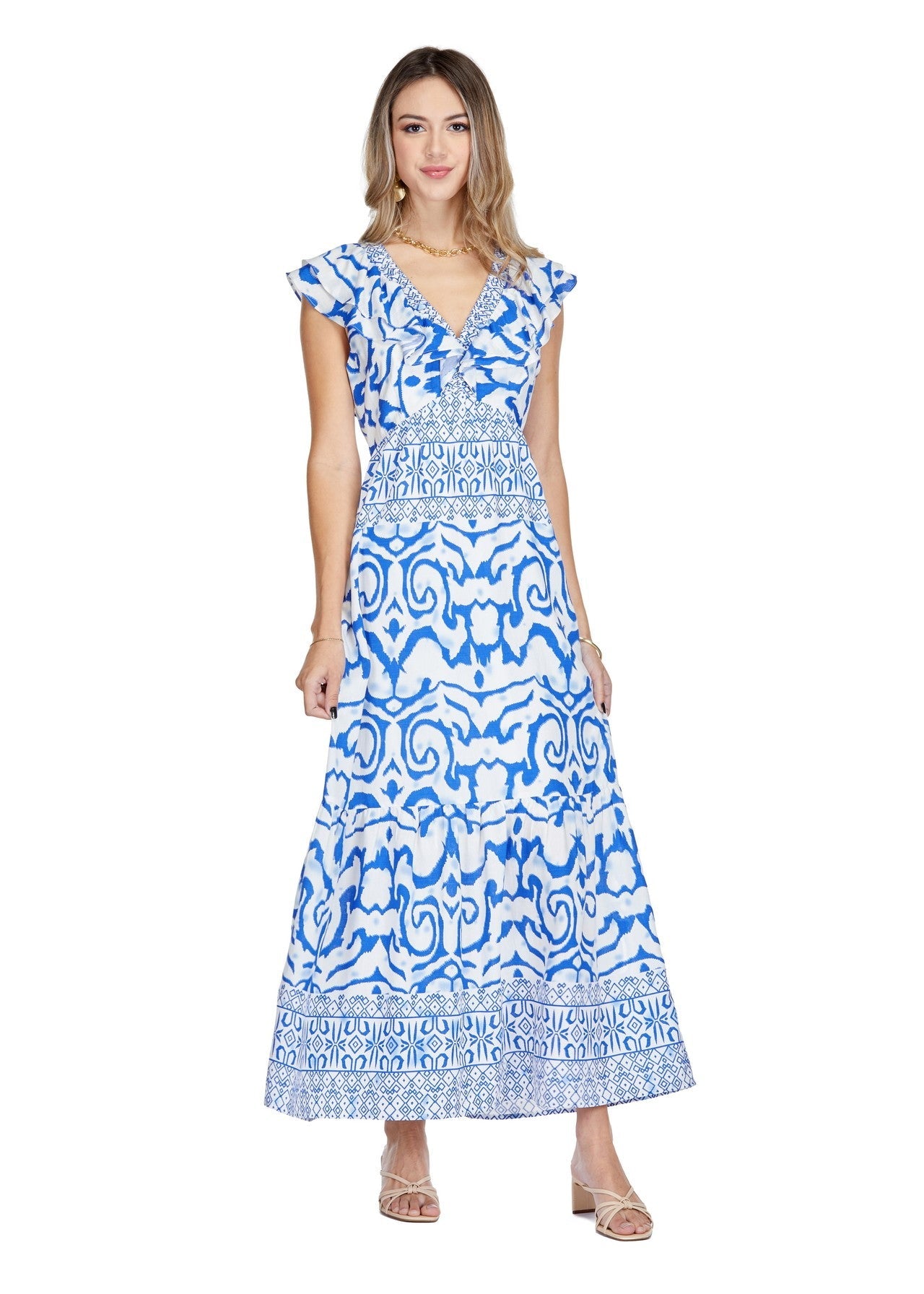Joy Joy Ruched V-Neck Ruffle Maxi Dress Oceanic Border