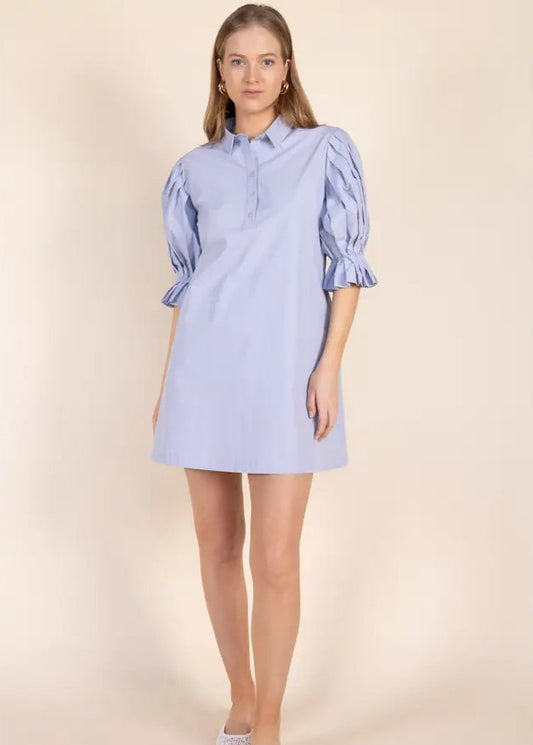 Before You Poplin Pleated Sleeve Shirt Dress Powder Blue