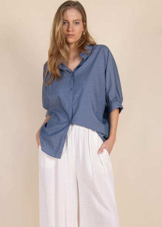 Before You Poplin Button Up Shirt with 3/4 Sleeves Navy