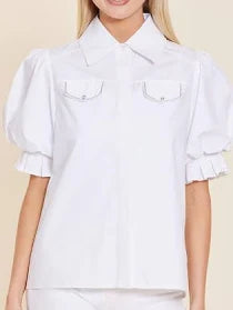 Dolce Cabo Poplin Rhinestone Detail Pocket Top, White