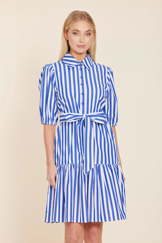 Dolce Cabo Belted Stripe Dress - Cobalt/White