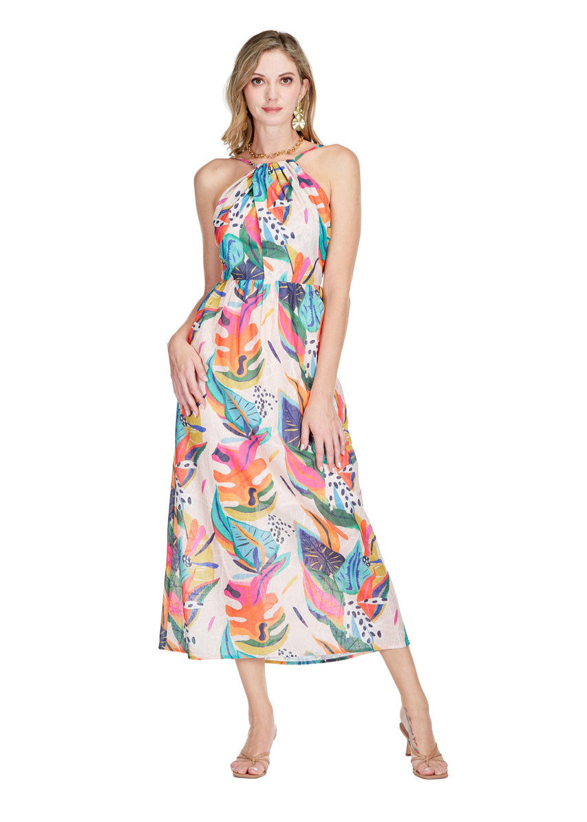 Jade Front Cross Halter Maxi Dress Tropical Foliage